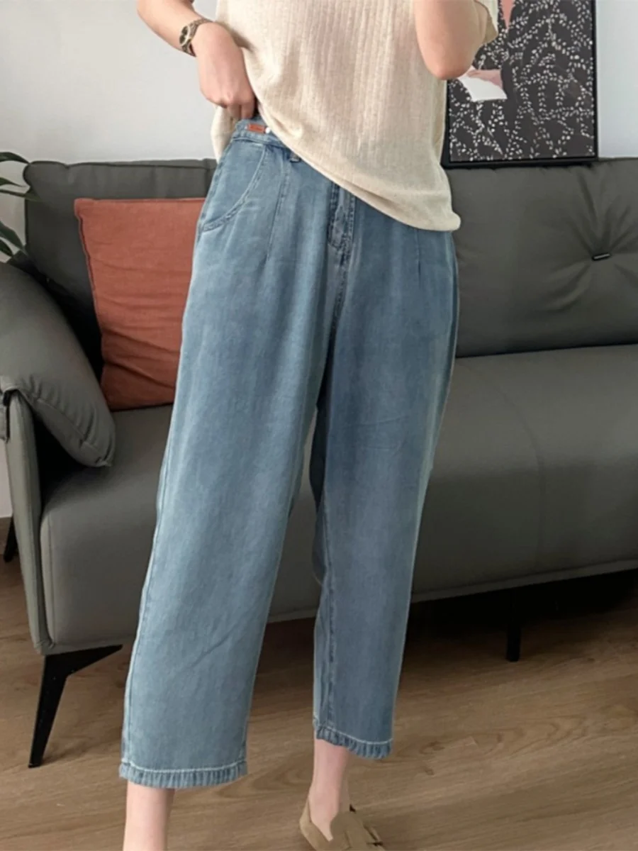 

Summer Thin Wide Leg Jeans Women's High Waist Ice Silk Nine Points Harlan Jeans Straight Cut Casual Korean Style plus Size