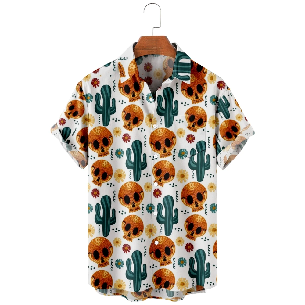 

2022 new men's casual breathable short sleeve top fashion Lapel men's shirt Hawaii with beach halloween skull