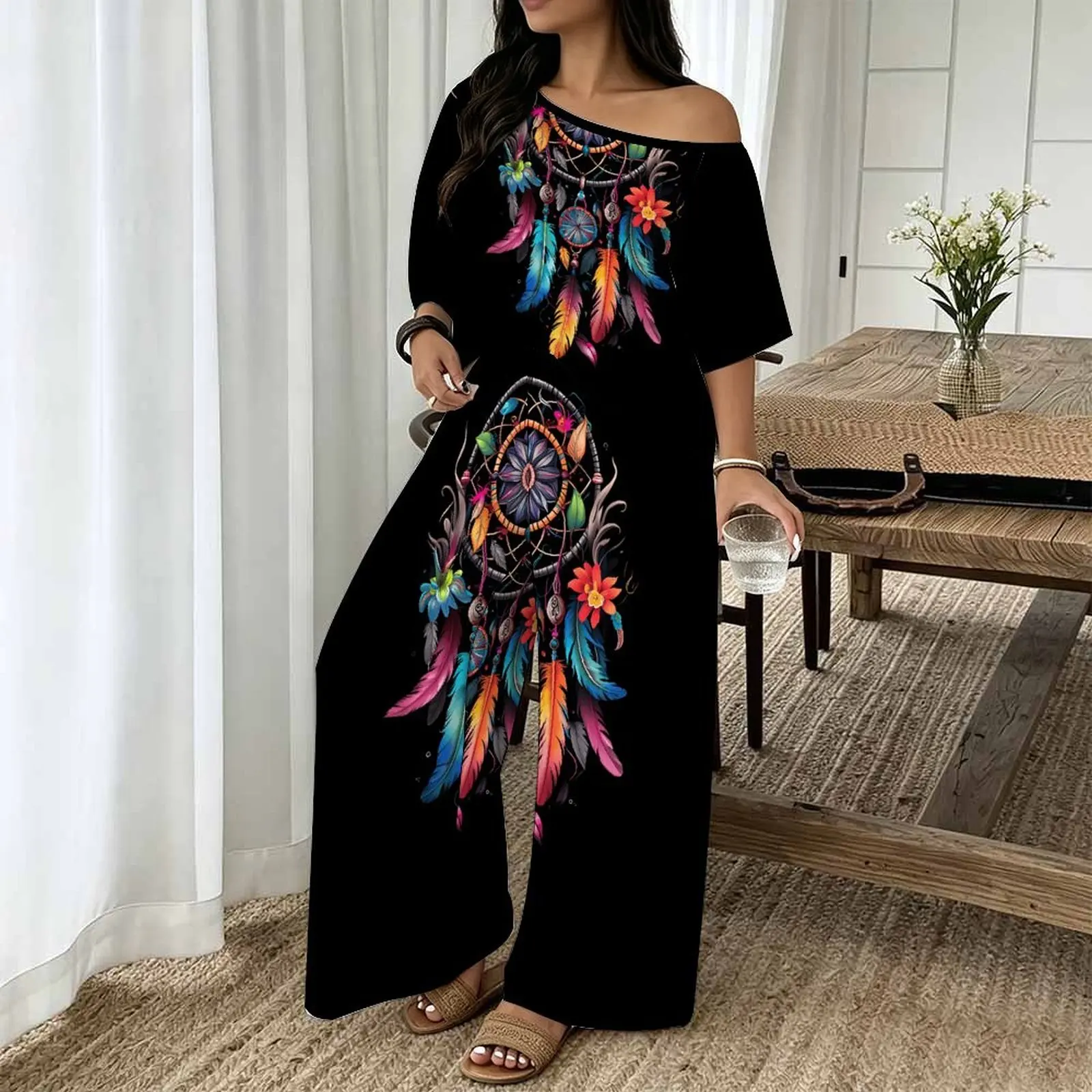 Plus Size Women Spring/summer Print Two Piece Set Street Vacation  Short Sleeved Fashion Retro Tops Everyday  Casual Long Pants