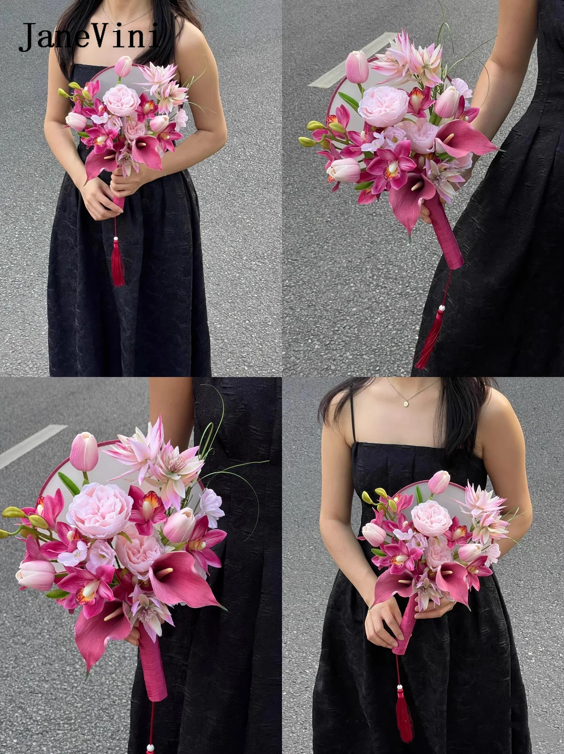 

JaneVini 2026 Розовый свадебный веер-букет с искусственными цветами: каллы, орхидеи, пионы для невесты