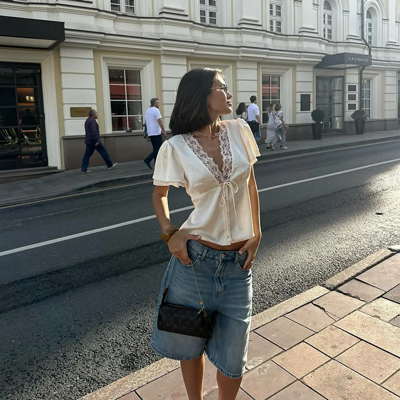 

Women Satin Blouse Lace Trim Deep V Neck Puff Sleeve Drawstring Waist Button Down Short Top Elegant French Style Summer Casual