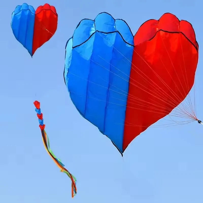 

3D 5.5M Red Blue Heart Shaped Soft Kite 8 Kites with Long Float Tail Beach Kites Easy To Fly and Tear Resistant Storage Bag