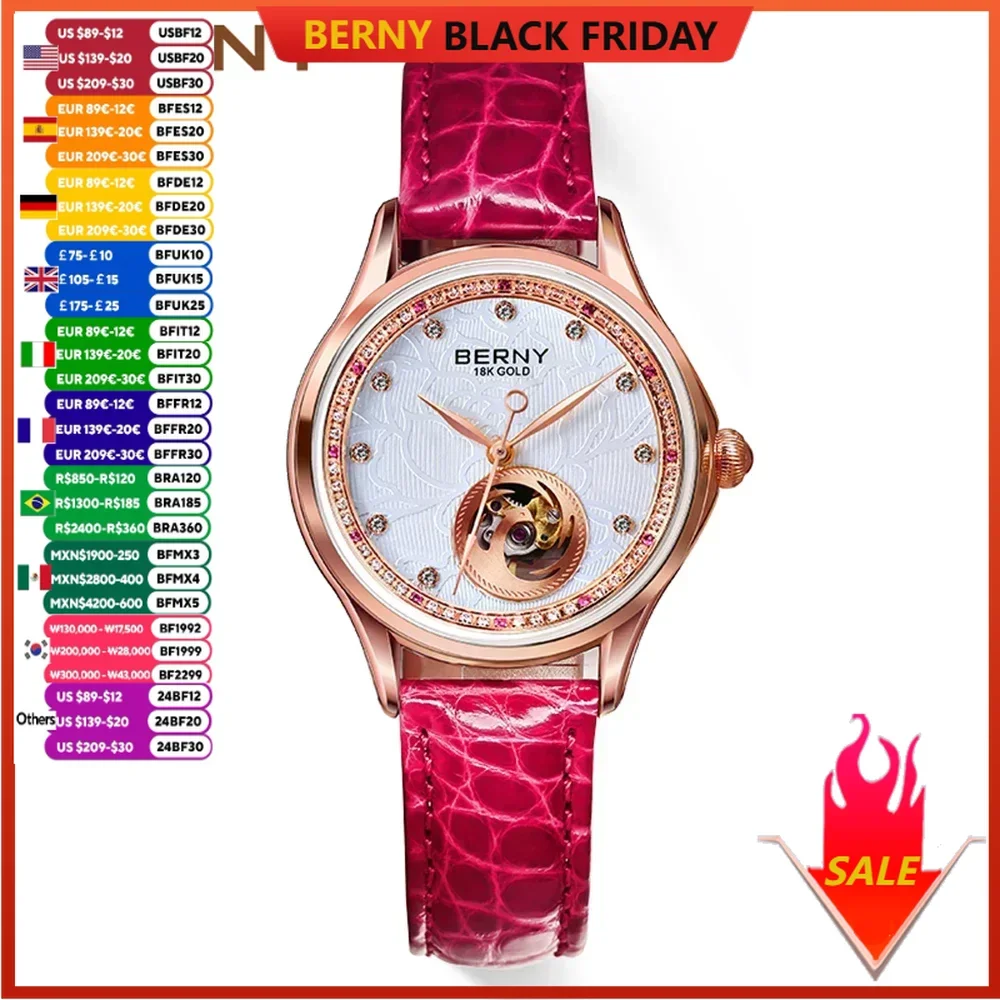 BERNY Mechanical Watch Women Luxury 18K Gold Ladies Clock Automatic Self-Wind Sapphire Glass 72 Diamond 5ATM Skeleton Design