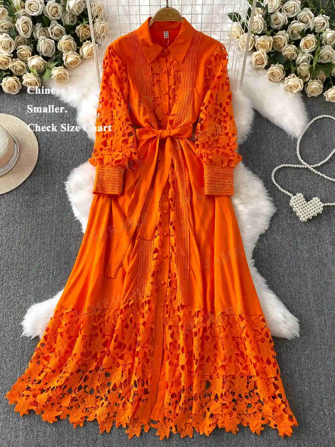 

Elegant Autumn Embroidery Long Sleeve Maxi Dress Shirt Women Crochet Hollow Out Single Breast Solid Casual Dresses Maxi Vestidos