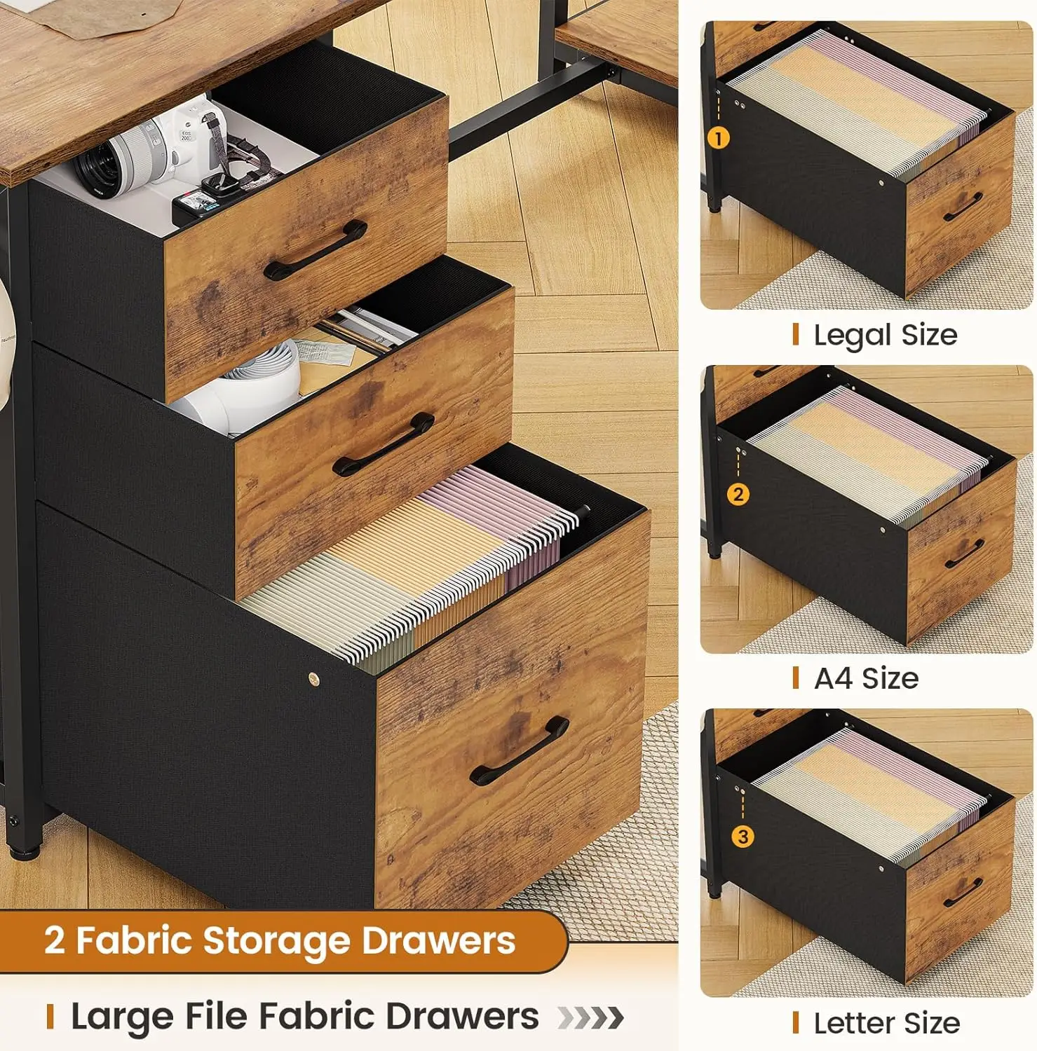 L Shaped Computer Desk, 58\'\' Office Desk with 3 Drawers and Bookshelf, L Shaped Corner Desk with Storage Shelves and LED Light