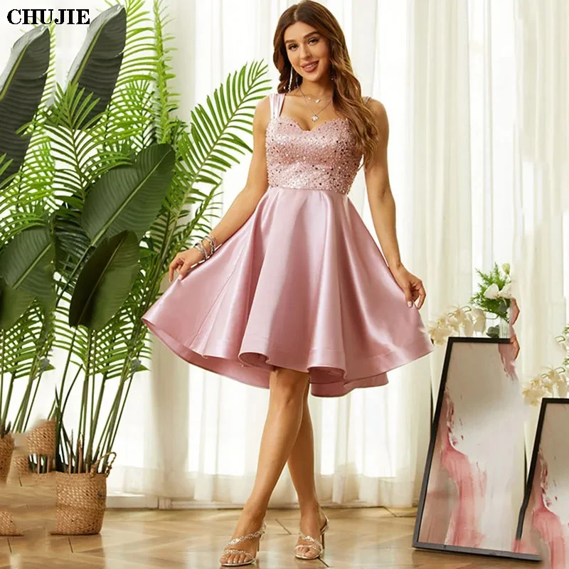 

Sequins Beading Short Homecoming Dresses Woman Elegant Cocktail Dress A Line Sleeveless Wedding Prom Ball Gowns Graduation Dress