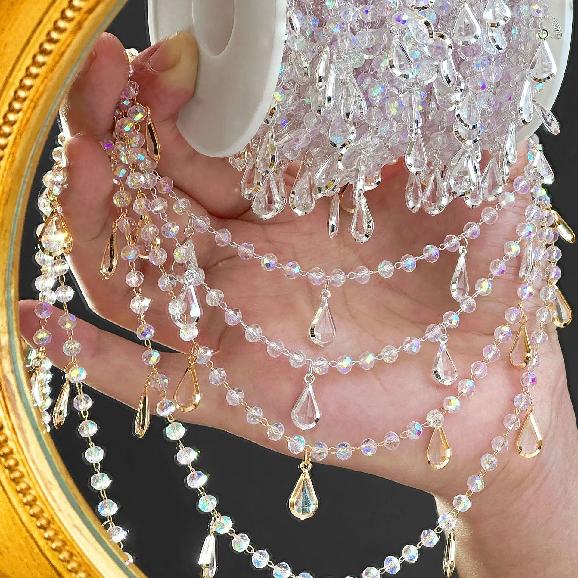 

0.5/1/2M 4mm Clear AB Color Crystal White Water Drop Tassel Bead Chain DIY Necklace Headwear Jewelry Clothing Home Accessories