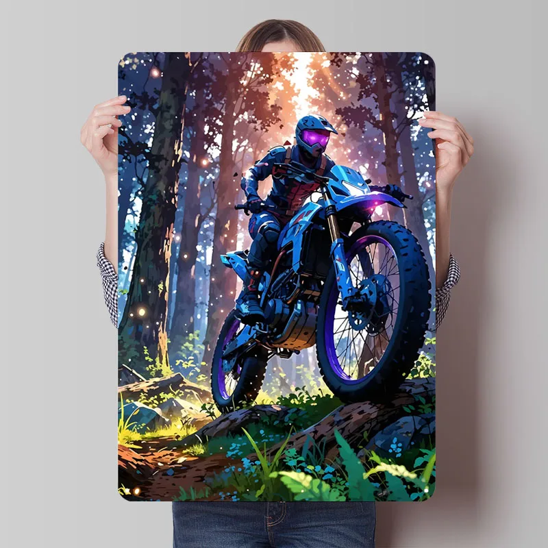 Motocross Rider in Forest Metal Signs Car Poster Vintage Decoration Living Room Aesthetic Room Decor Men Retro Home Decor Items