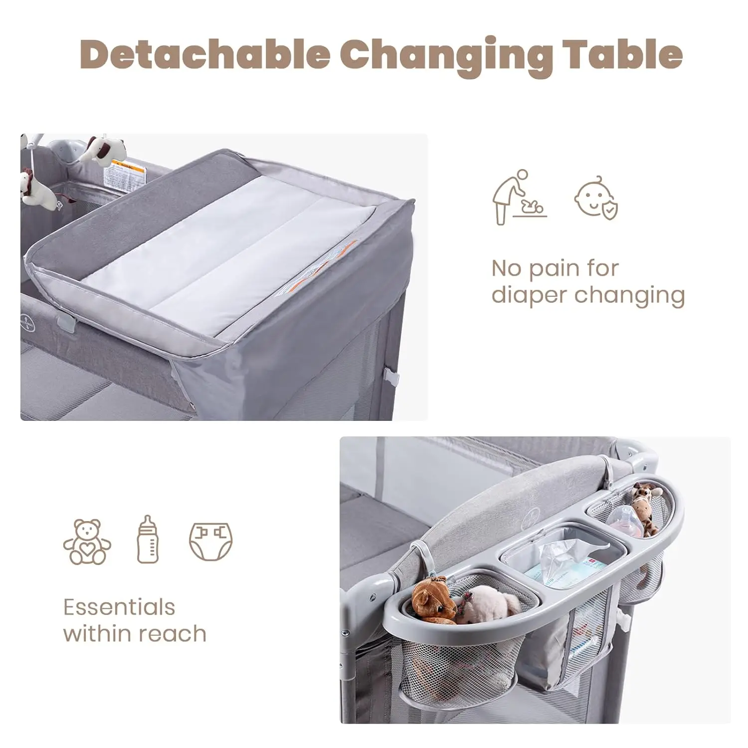 سرير أطفال بجانب السرير، 4 في 1 سرير محمول بجانب السرير مع مرتبة، مغير الحفاضات، سلة تخزين، صندوق تشغيل الموسيقى، شحن مجاني #6