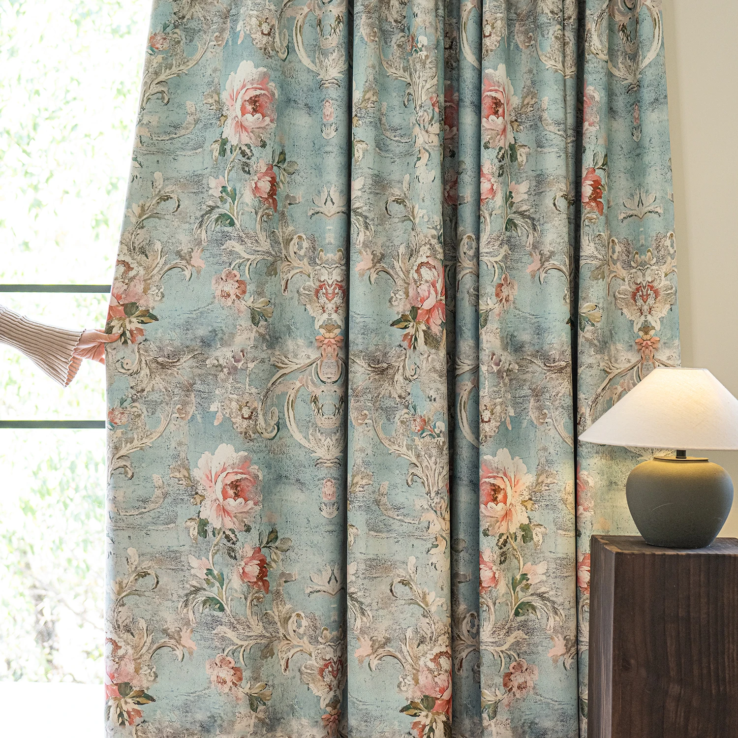 Blue European Style Peony Blackout Curtain for Room Darkening, Privacy Protection, Luxury Vintage Victoria Printed Curtain