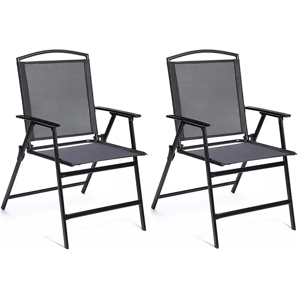 Black Portable Outdoor Patio Dining Sling Chairs Set of 2 with Armrests for Lawn, Garden, Balcony, Living Room Furniture