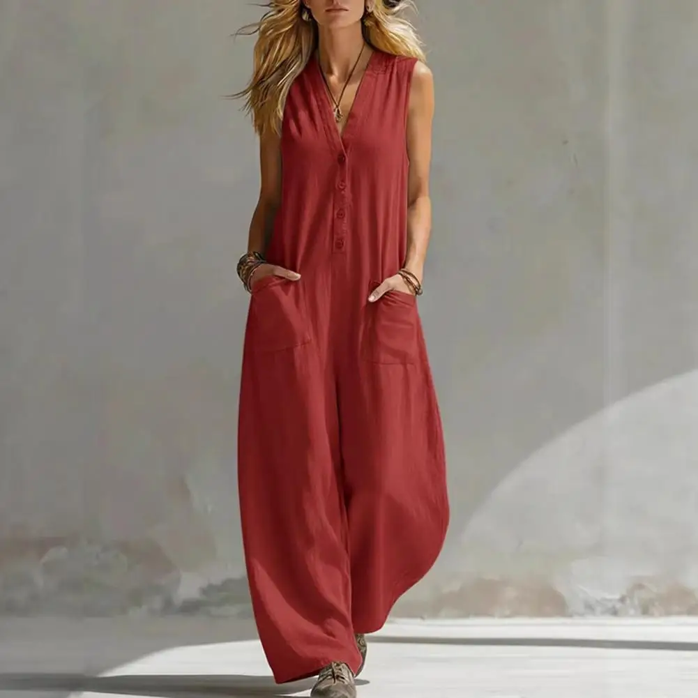 

Wide Leg Jumpsuit Summer Women Jumpsuit V Neck Romper Loose Wide Leg Pants Solid Color Overall with Dual Pockets Casual Jumpsuit