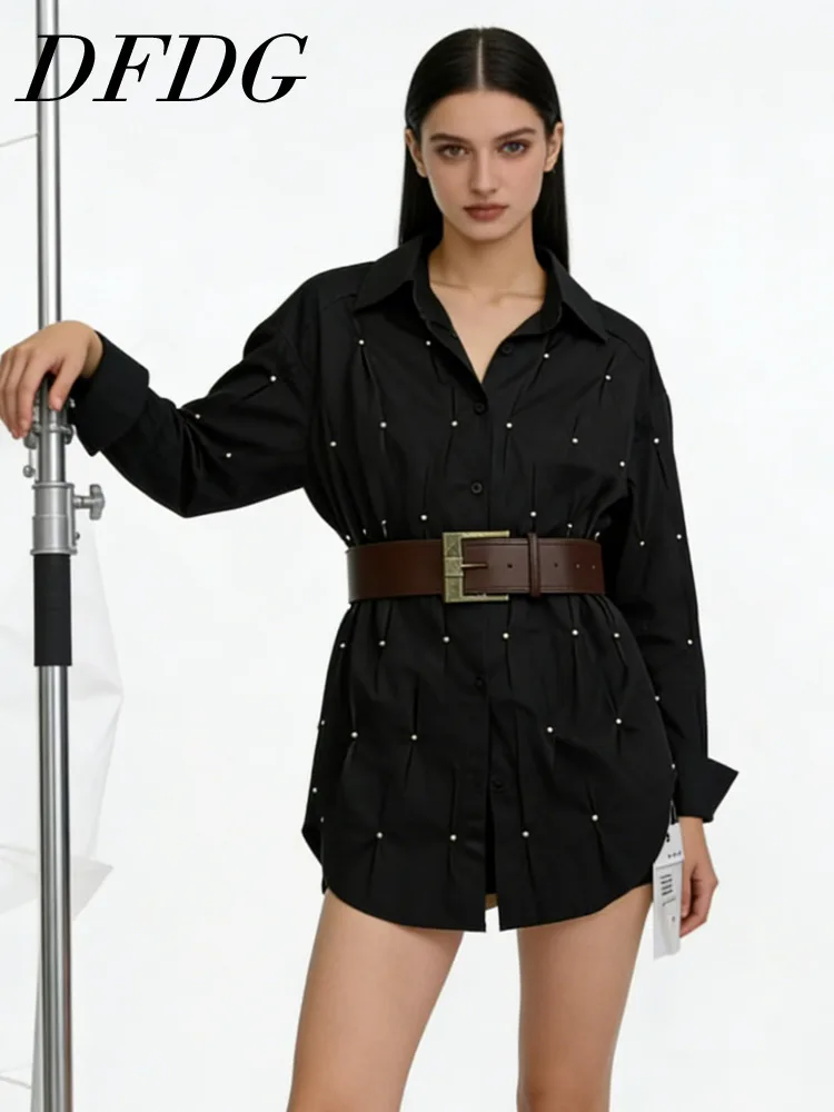 

DFDG Women 2026 Spring Summer Beaded Detail Shirt Pointed Collar Long Sleeve Ruched Waist Button Down Elegant Casual Shirt