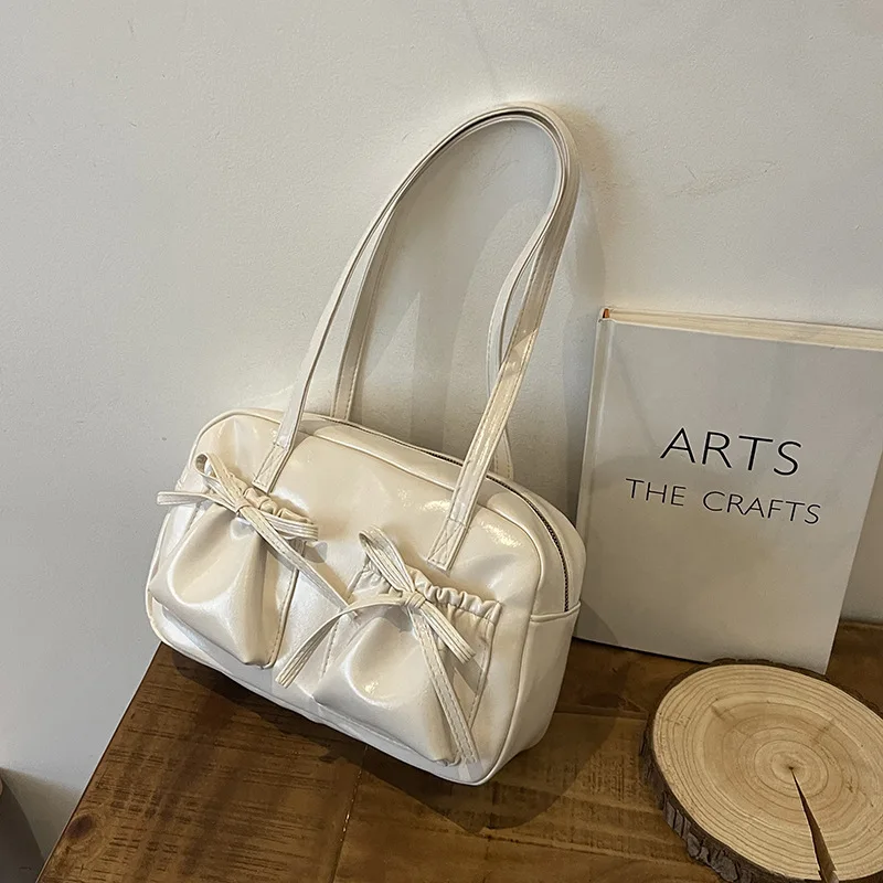 

2025 Bow Crinkle Underarm Bag for Women, Ballet Shoulder Purse with Top Handle, Adjustable Strap Satin Crossbody, Feminine