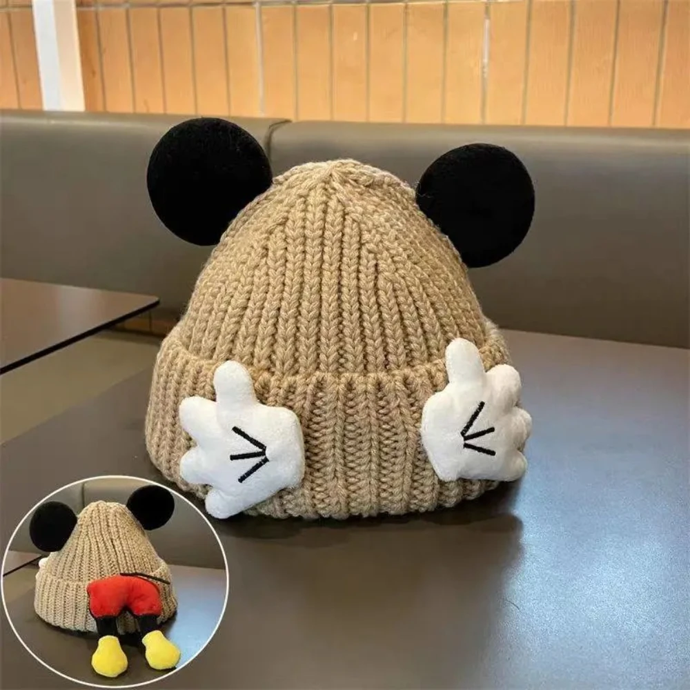ديزني ميكي ماوس قبعة متماسكة مع آذان لطيف ميكي ماوس الهيب هوب قبعة مع تصميم الكرتون قبعة الشتاء الدافئة والرياح MINISO