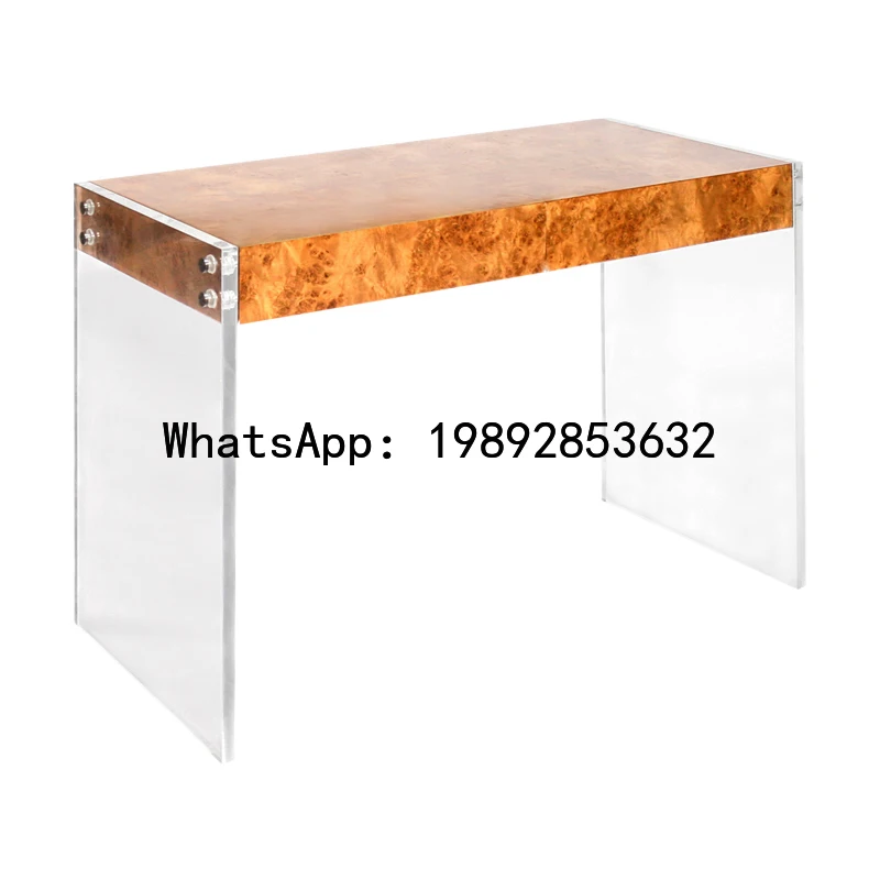XL Acrylic Desk with Tree Bark Surface, Organic Glass and Metal Combination Writing Desk Office Desk