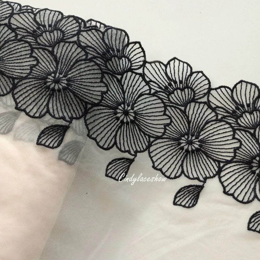 1Meter 19CM Width Black Flowers Embroidered Lace Trim Fabric Soft Pink Mesh For Bra Dress Sewing Garment Accessories Craft DIY