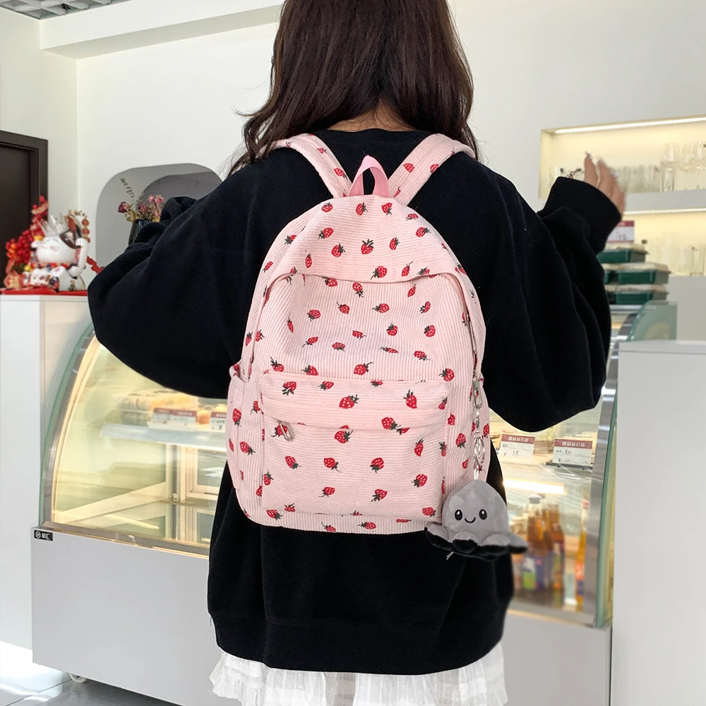 Lovely Little Fresh Strawberry Print Junior High School Bag Corduroy New Female All-Ins Lightweight Simple Backpack