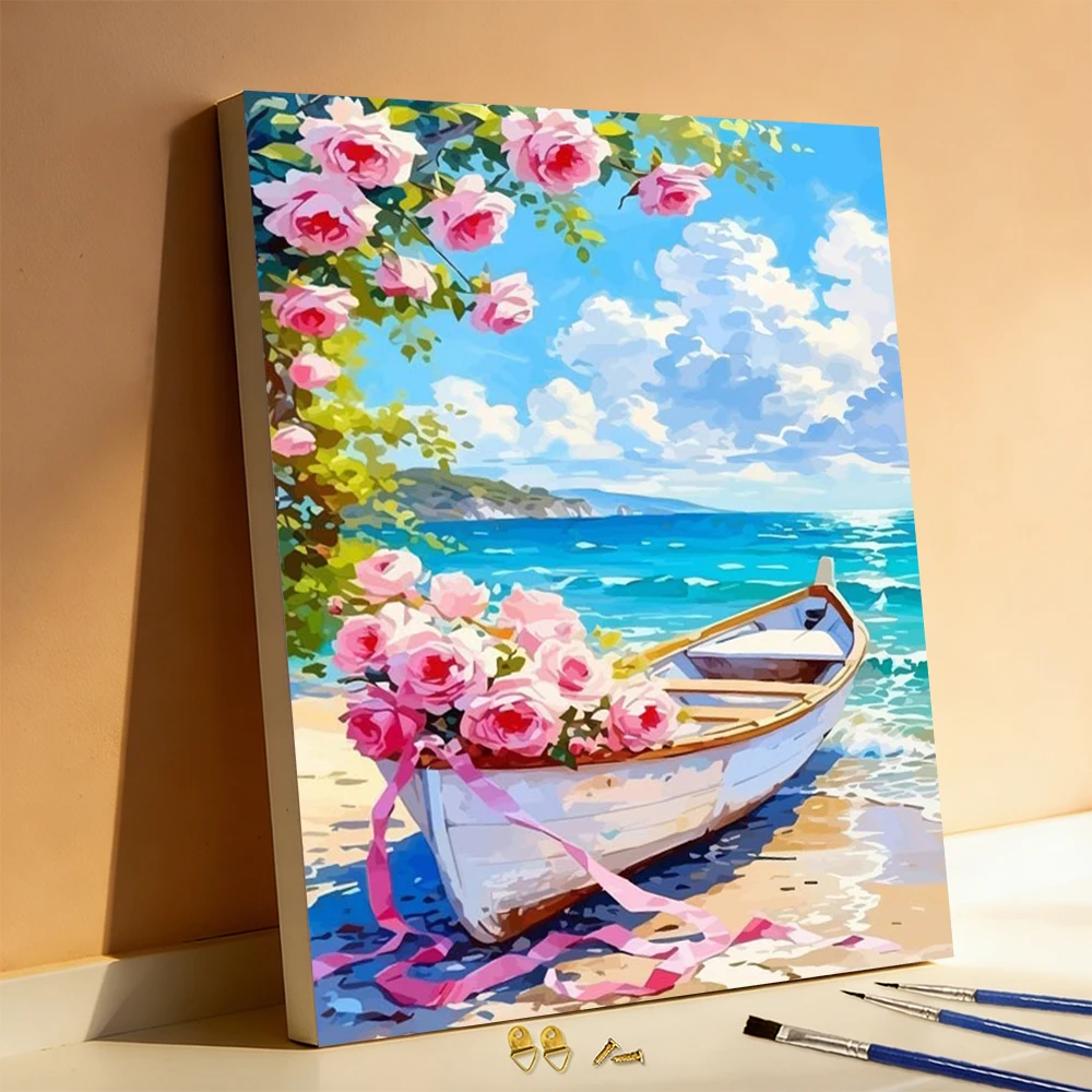 Huacan Digitales Ölgemälde Boot Strand Rose Blume DIY Malen nach Zahlen Meeresküstenlandschaft Handgemachtes Geschenk