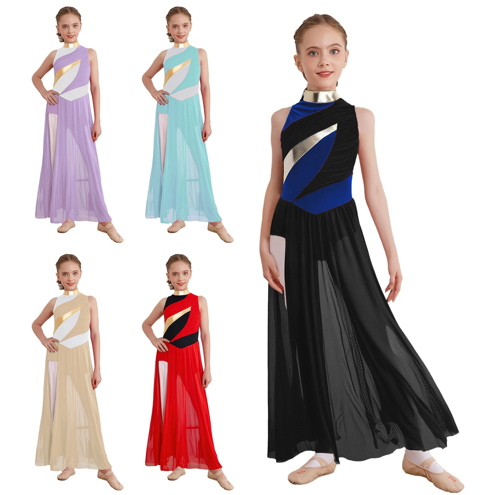 Abbigliamento da ballo moderno e contemporaneo per ragazze, collo a lupetto, senza maniche, corpetto sovrapposto in rete, spacco laterale, ginnastica, balletto, danza lirica