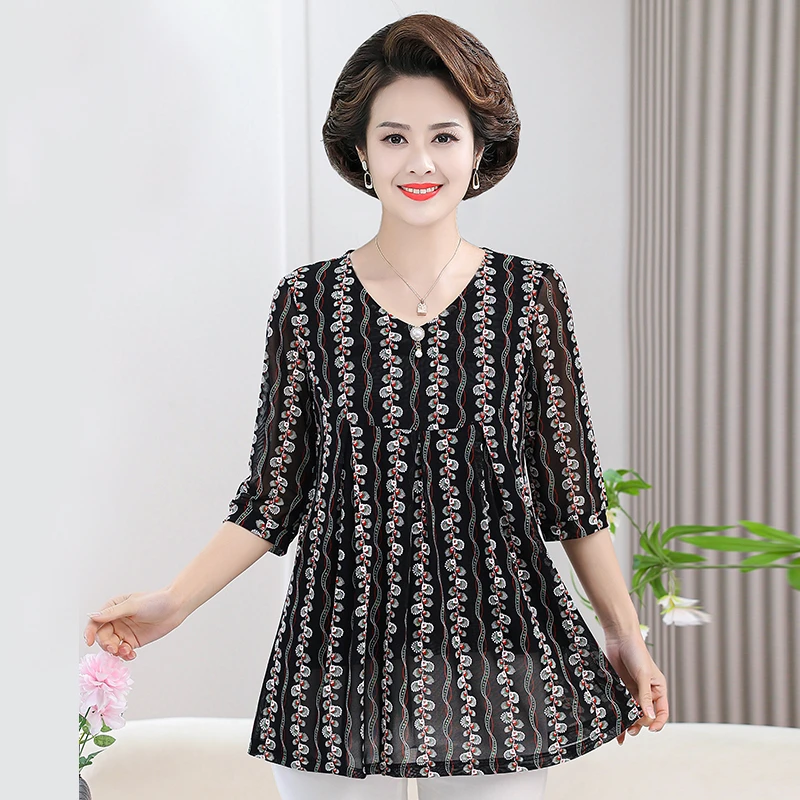 Women's Clothing Vintage Printed Blouse Folk V Collar 2024 Spring Summer Casual 3/4 Sleeve Loose Midi T-SHIRT