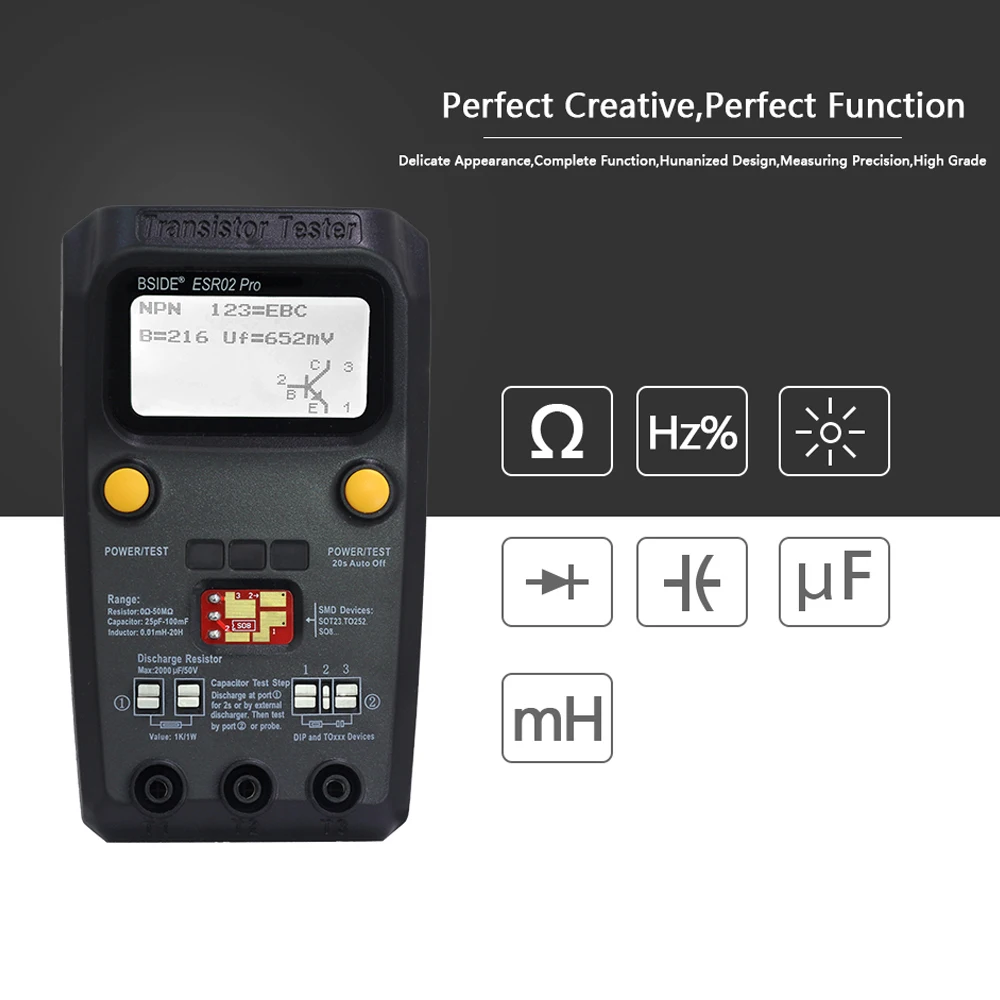 BSIDE ESR02 Pro Transistor Tester Digital Tester Diode Triode Resistor Capacitance Inductance MOSFET NPN PNP Triac MOS Detector