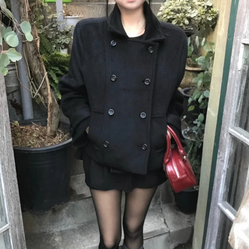 Abrigo elegante de lana y algodón para mujer, ropa de abrigo Retro con botones y cuello vuelto para chica japonesa, estilo universitario