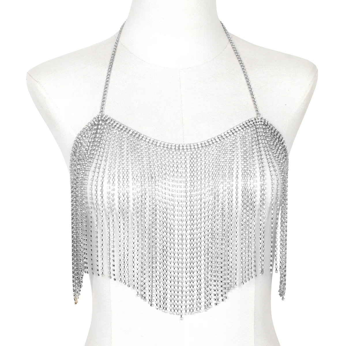 2024 New Trend Long Tassels Hip Hop Style Rhinestone Chest Chain Nightclub Women's Body Chain Jewelry