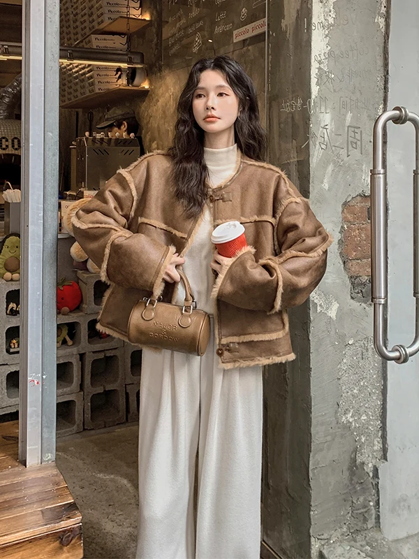 

Women's ort Thiened Lamb Fur Jaet Deer Skin Velvet Warm Cotton Top Asymmetrical Stand Fit Long Sve round Ne But...