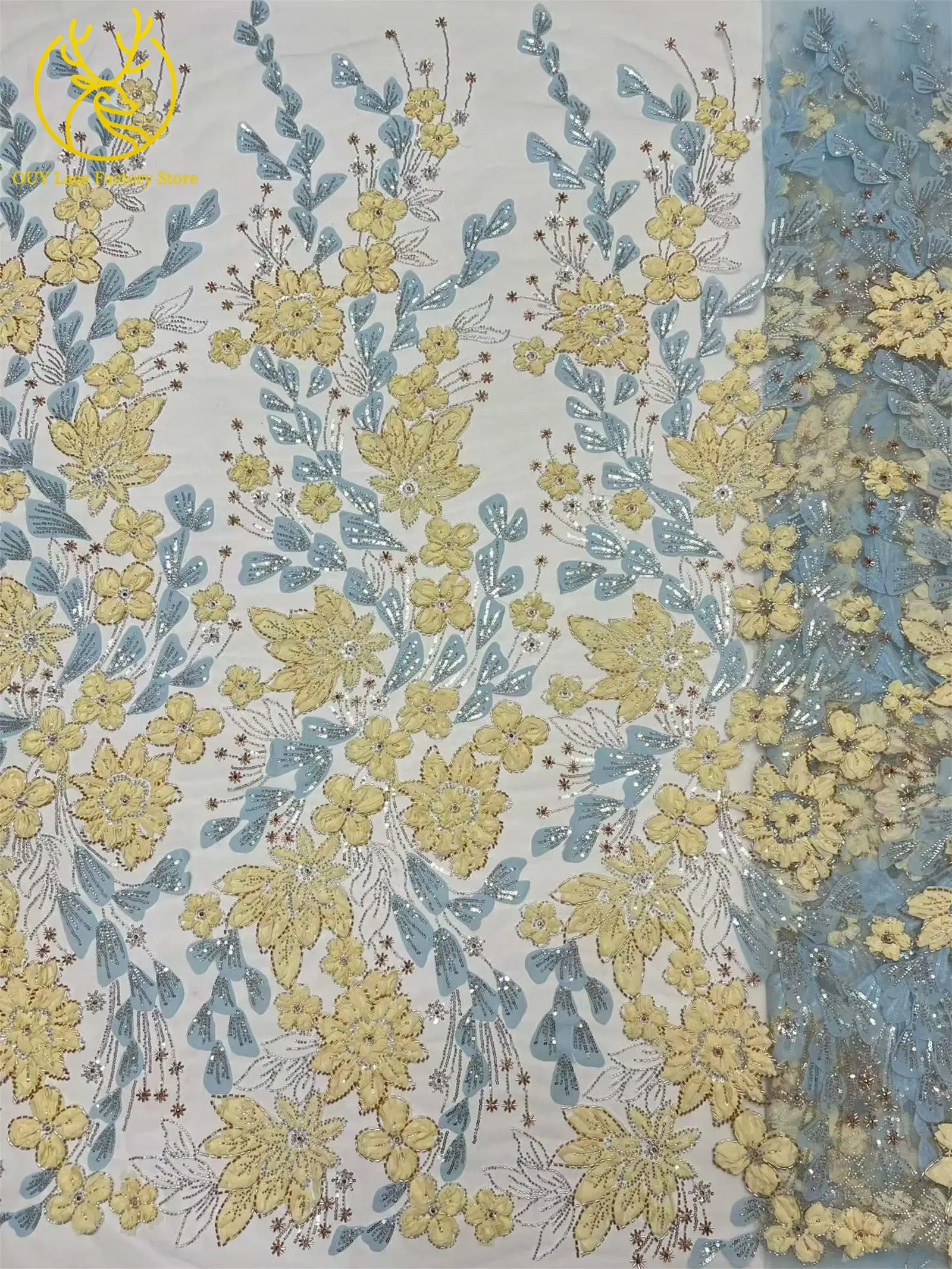 Exquisiter französischer Spitzenstoff mit Blumenstickerei und Pailletten, afrikanischer Perlen-Spitzenstoff für nigerianische Party- und Hochzeitskleider zum Nähen. – Detail 12
