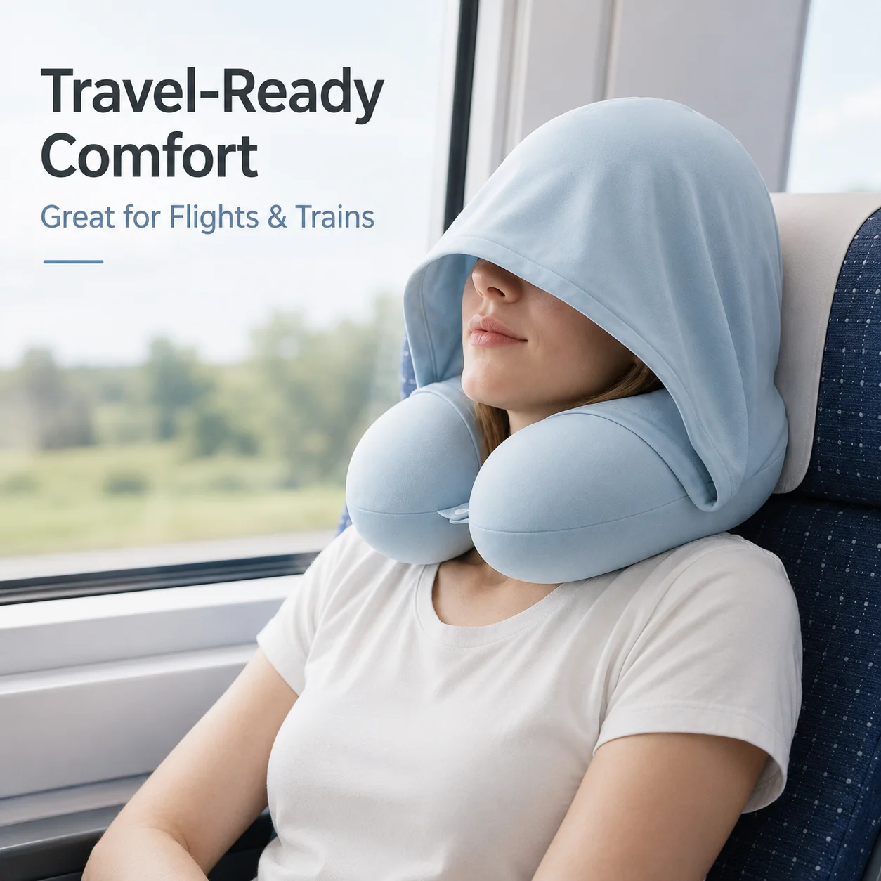 Hooded Travel Neck Pillow Memory Foam U Shaped Neck Support Cushion Portable Light Blocking Cover for Airplane Car Home Office