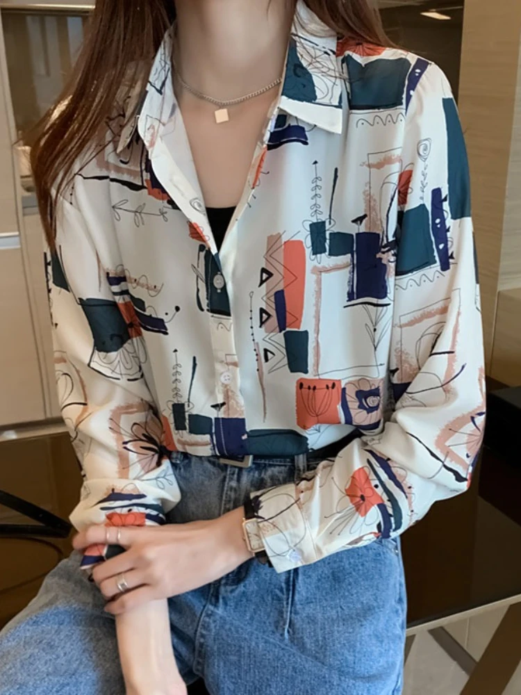 Koreanischer Stil 2026 Frühling Revers Bunte Chiffon-Bluse Damen Mode Vielseitige Basisschicht Damenhemd Hochwertige Kleidung