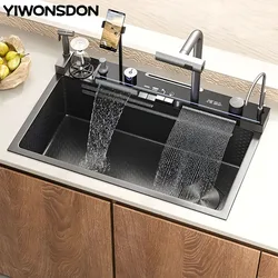 Nano Kitchen Sink With Phone Knife Holder High Pressure Sprayer Integrated Digital Waterfall Tap Large Single Slot Cup Washer