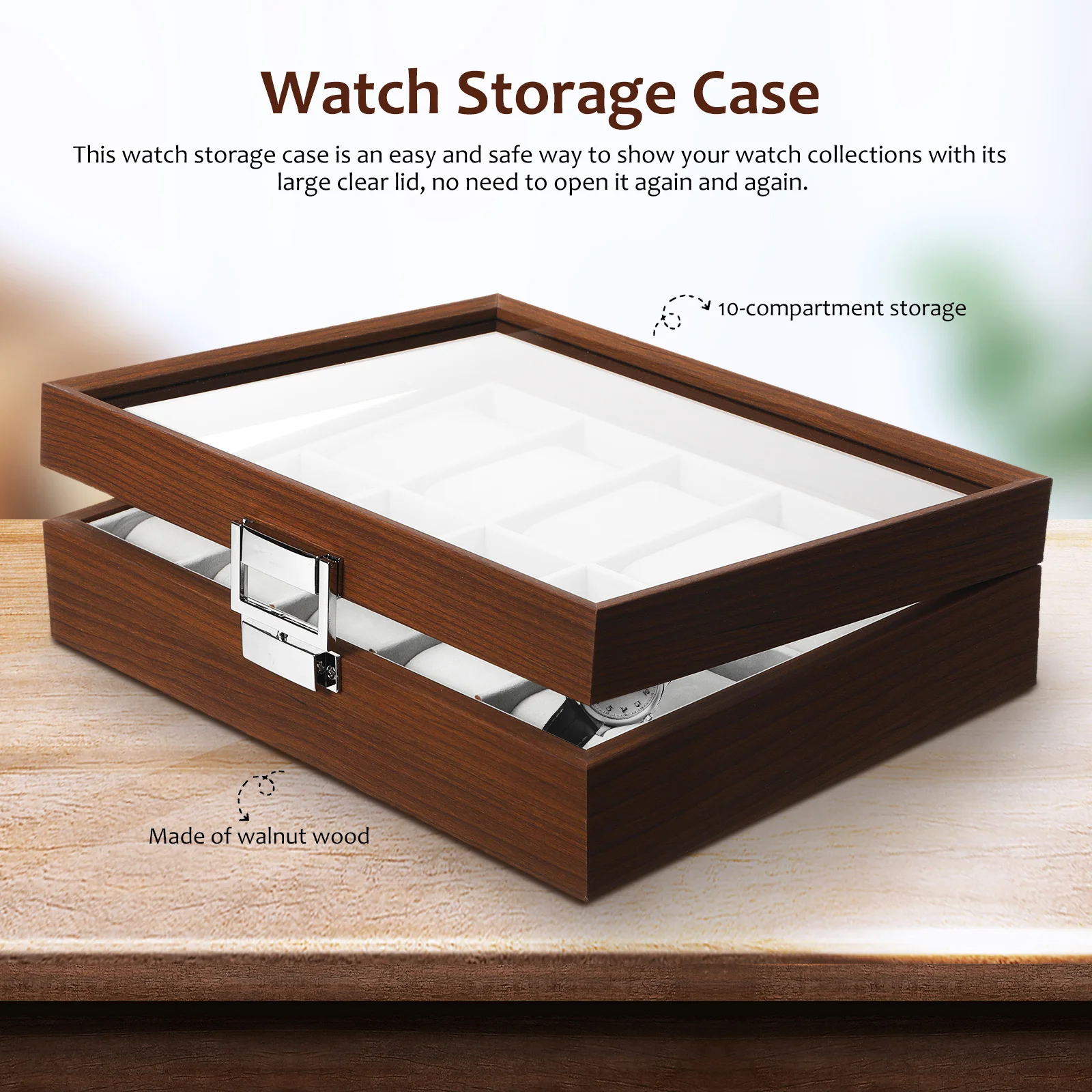 

Watch Box Display Case Wooden 10 Slot Lockable Clear Lid Organizer Tray Soft Lining Watch Storage Jewelry Holder