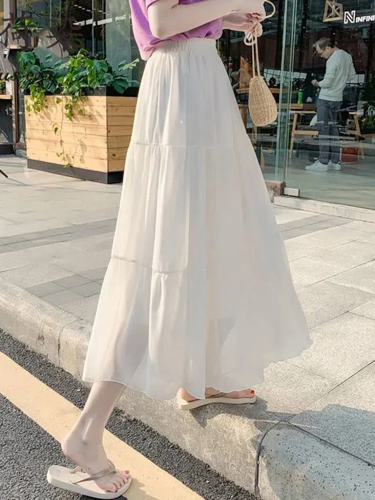 Jmprs High Waist Women Midi Skirt Summer Casual Korean A Line White Black Ladies Long Skirts New