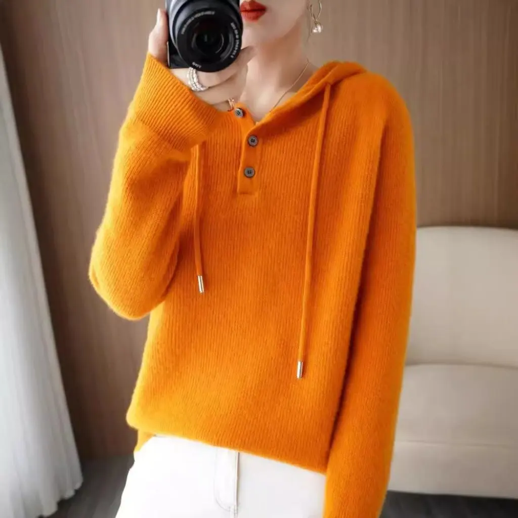 

Женский свободный свитер с капюшоном, пуловер в корейском стиле с длинными рукавами, осенне-зимняя верхняя одежда, модный топ из смеси шерсти