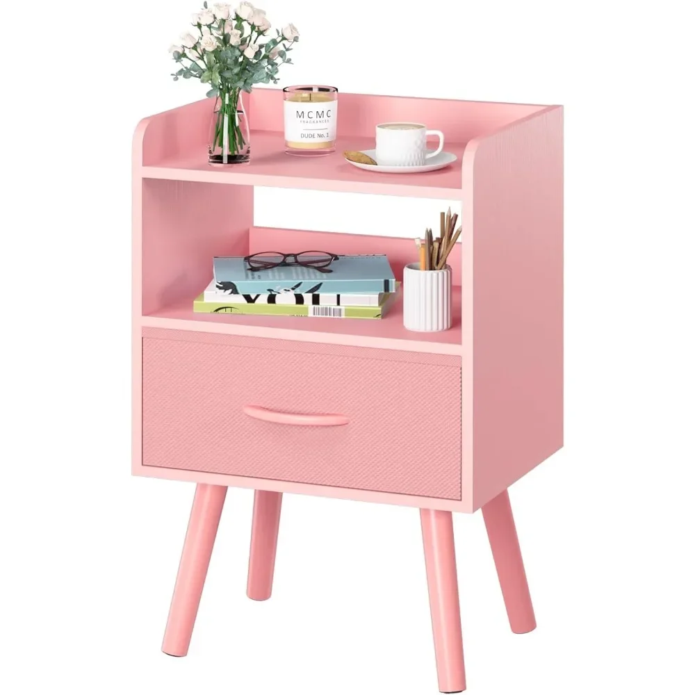 

Bedside table with fabric drawers, medieval wooden double layered bedside table with open storage shelves