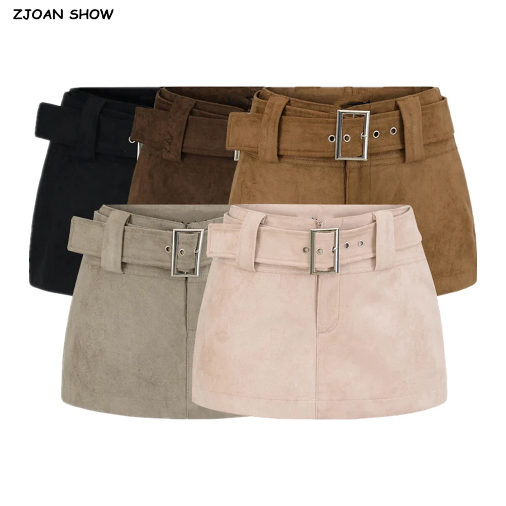 

5 colors New Sexy With Buckle Belt Low Waist Suede Pencil Skirt for Women Package Hips Mini Skirts With Shorts Lining Pink