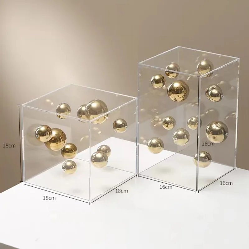 Abstract Metal Ball Square Transparent Box Ornaments Creative Floating Ball Aesthetics Design Artwork Office Home Desktop Decor