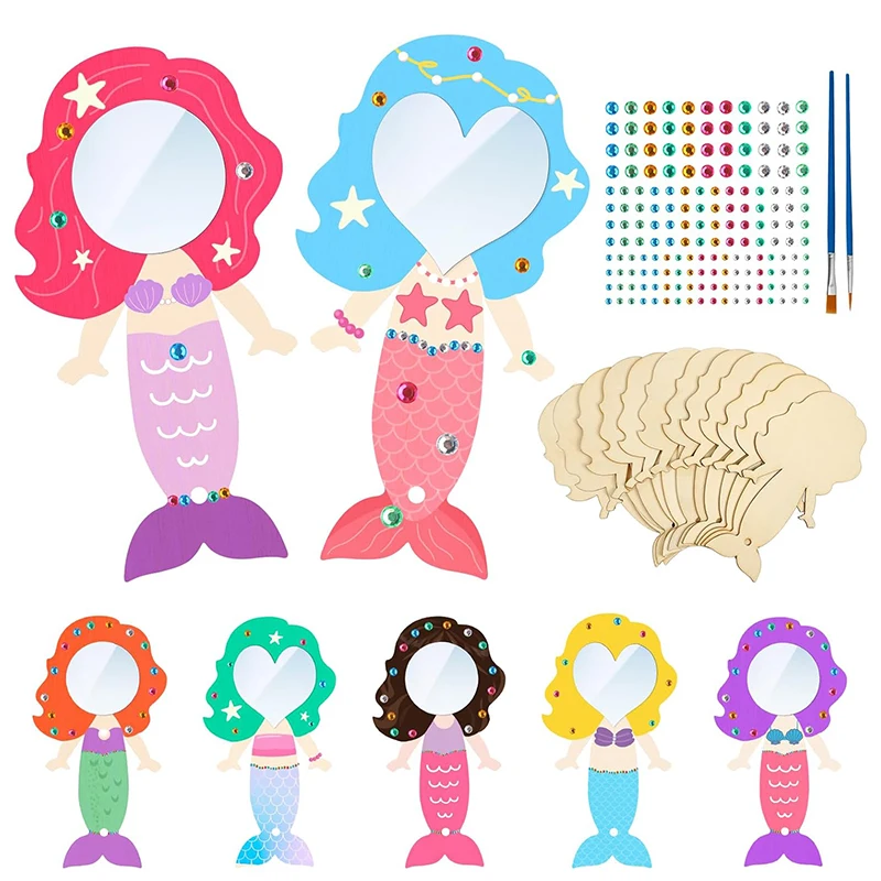 

12 шт., деревянное зеркало русалки, ручное круглое зеркало ручной работы с изображением русалки, детские аксессуары из материала «сделай сам», украшение для дома