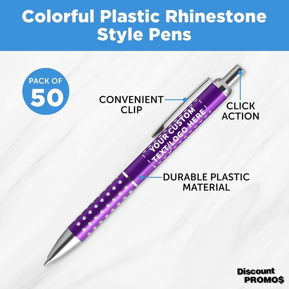 أقلام أرجوانية قابلة للسحب مع لهجات حجر الراين - 50 عبوة، وخيارات نص وشعار مخصصة، وأقلام بلاستيكية للمحترفين #3