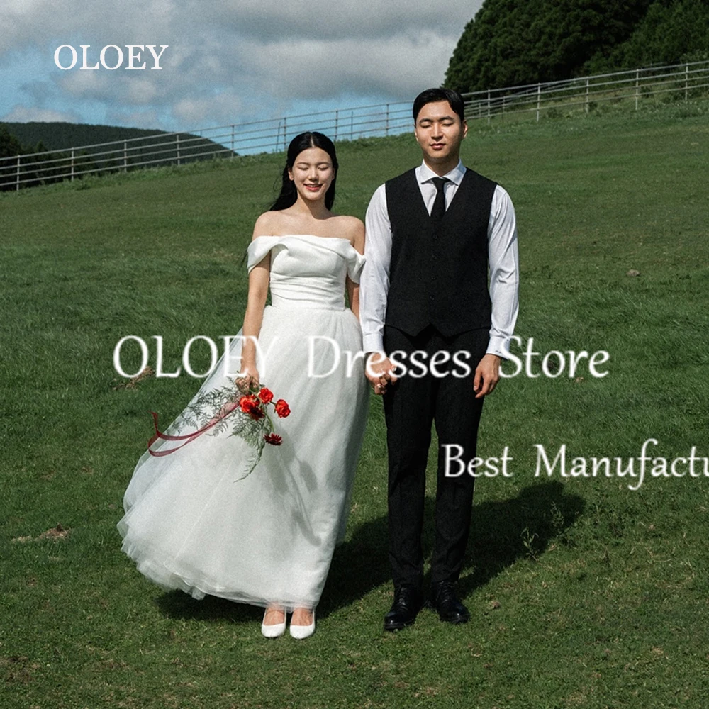 OLOEY Elegant Ivory A Line Wedding Dress Korea Photoshoot Off Shoulder Bridal Gown Pleats Floor Length Soft Tulle Custom Made