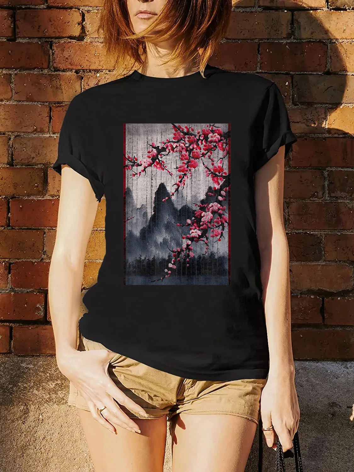 FLC 100% Cotton Vintage Cherry Blossom Woodblock Tee Japanese Graphical Art Clothing Gift Women T-Shirt Printed Top Unisex Tee