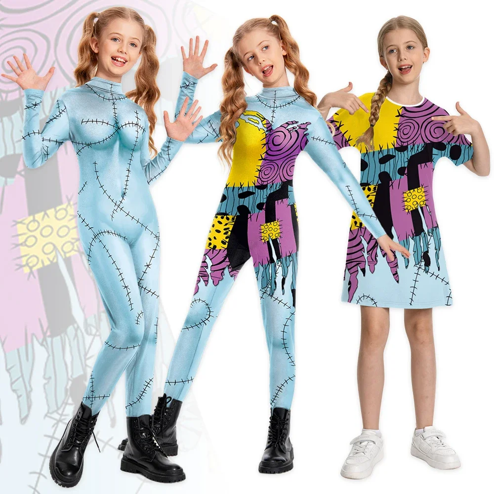

Teanoon Scary Sally Funny Dress Cosplay Costume Girls Halloween Sally Party Dress Up Zentai Bodysuit Children Girl Dresses