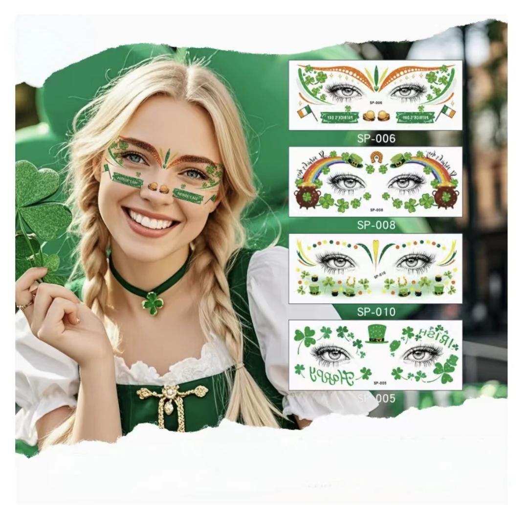 Cross Border New Arrival St Patrick's Day Glitter Makeup Face Stickers Irish Festival Party Carnival Temporary Tattoo Stickers