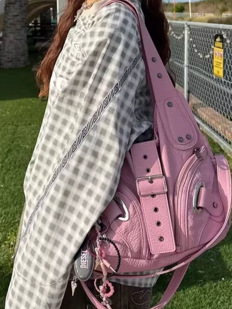 

Women Y2k Pink Shoulder Bag Harajuku 2026 New Fashion Handbag Large Capacity Grunge Underarm Bags Punk Rock Handbags Motor Style