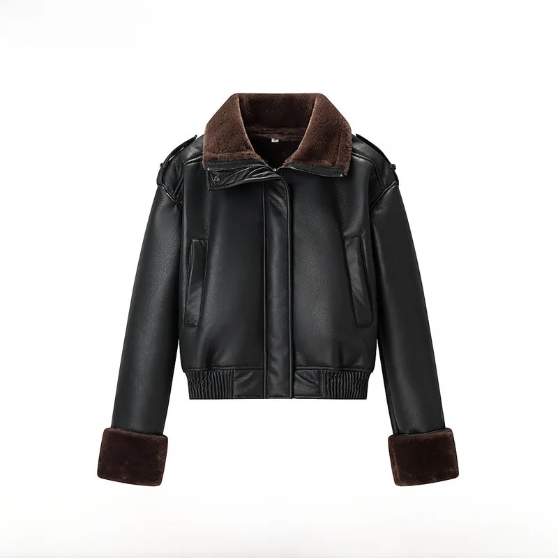 

Fashionable Autumn Winter New Arrival Women's Biker Leather Jacket Warm All-Match PU Leather And Fur Coat Zipper Short Style
