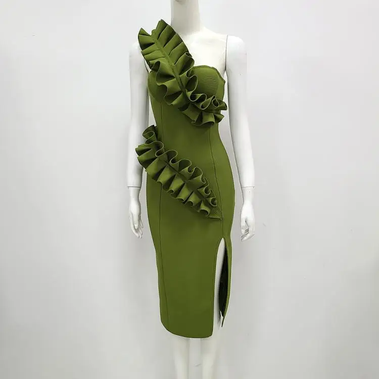 Svel Bandage Dr with Lace Trim High Waist Wrap around Single oulder Design Commute Sle Floral Embellied Bodyco...