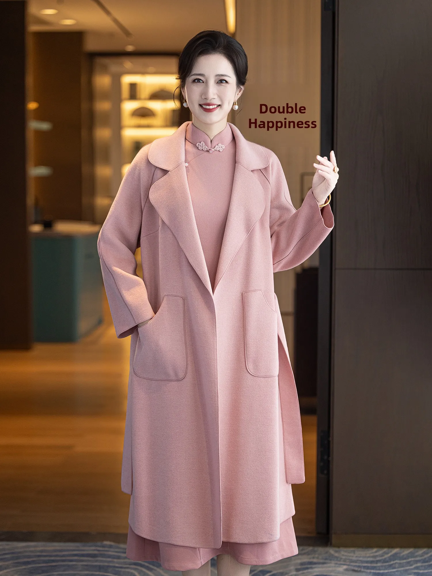 

Pink Wedding Guest Coat Outerwear Woolen Autumn Winter New Arrival for Bride Mother-In-Law Vintage Sle Long Sve Midi Dr