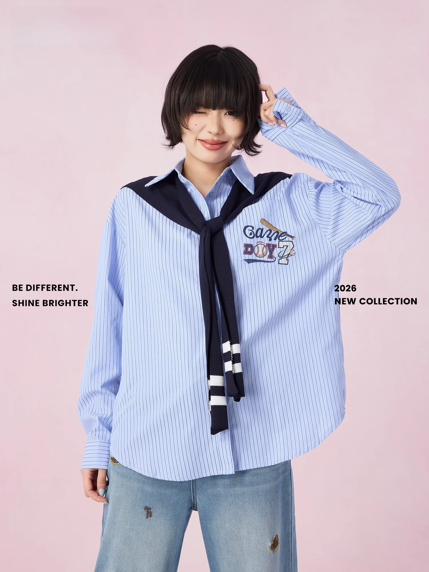 

Didimax Spring New Blue Striped irt Naval Collar Original Letter irt Casual Loose Fit Long Sve Polyester Cotton Blend